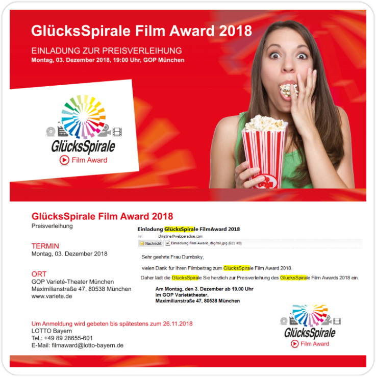 Einladung Film Award GlücksSpirale Lotto Bayern für Christine Dumbsky für Ihren Beitrag - What If I could make you happy